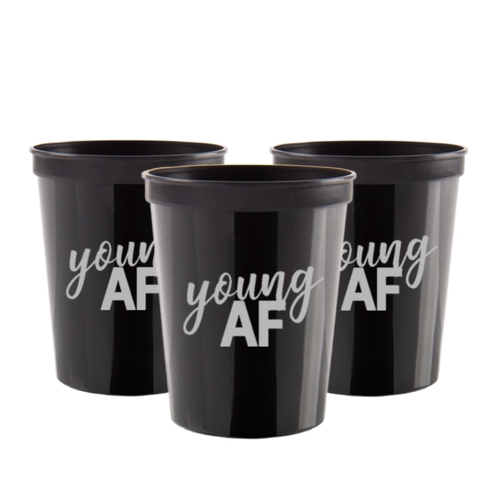 Adult Birthday Party Cups YOUNG AF Black Reusable Plastic Drinkware - Set of 8pc